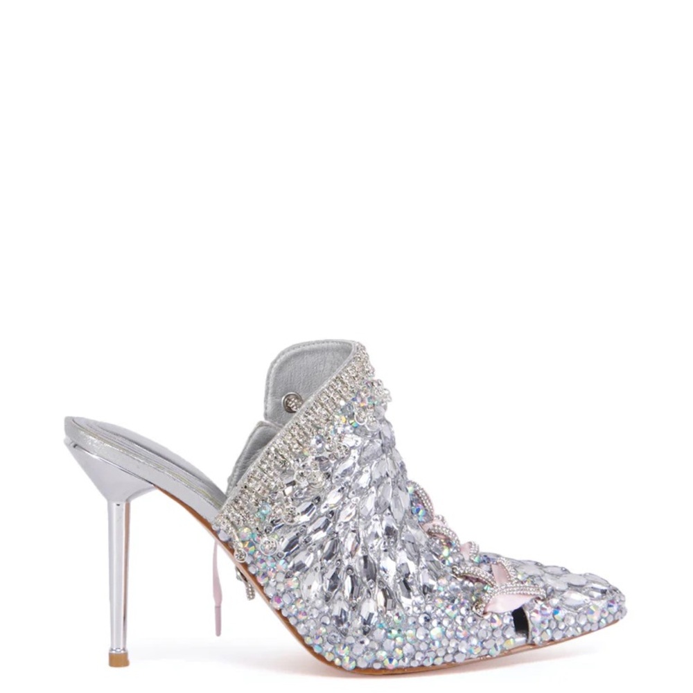 AZALEA Wang Silver & Pink Embellished Rhinestones Mule High Heels - Picture 3 of 5
